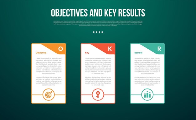 okr objectives and key results infographic template with big table container with swirl header and outline circle bottom with dark background style with 3 point for slide presentation