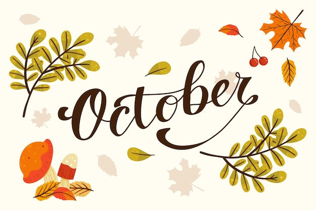 Vector oktober handbelettering met herfstbladeren handgetekende decoratie