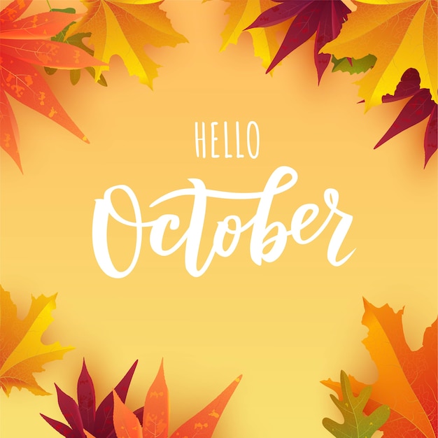 Oktober tekst. Hand belettering typografie met heldere herfstbladeren.