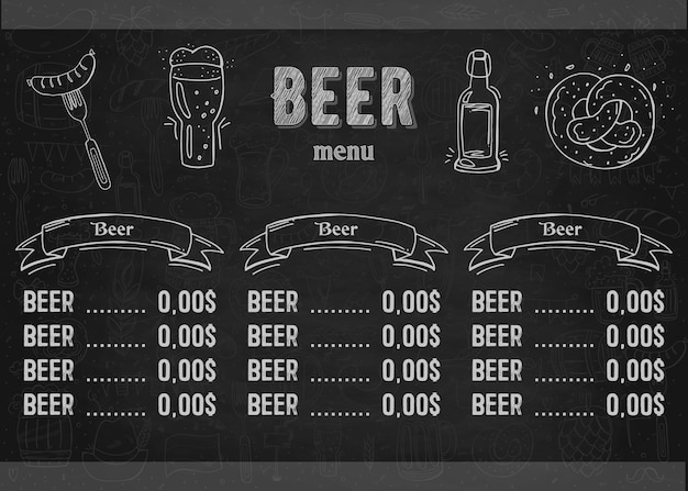 oktoberfest 2022 - beer festival. hand-drawn doodle elements. german traditional holiday. octoberfest, craft beer. blue-white rhombus. horizontal beer menu.