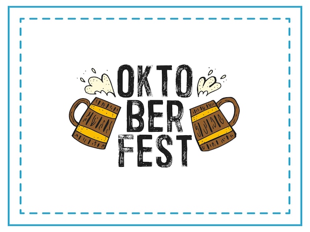 Vector oktoberfest 2022 beer festival handdrawn doodle elements german traditional holiday beer mugs with text on a white background with a blue frame