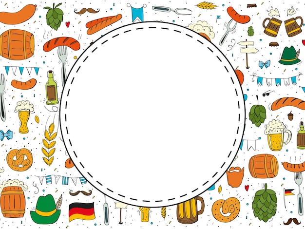 2022년 옥토버페스트 맥주 축제 손으로 그린 낙서 요소 독일 전통 휴일 라운드 엠블럼은 유색 요소 패턴의 배경에 있습니다.