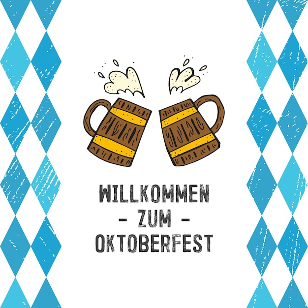 Вектор Октоберфест 2022 пивной фестиваль handdrawn doodle elements немецкий традиционный праздник деревянная кружка пива на белом фоне с синими ромбами и надписями