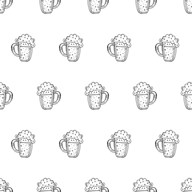 Oktoberfest 2022 Beer Festival Handdrawn Doodle elements Seamless Pattern German Traditional holiday Outline beer mugs with foam on a white background