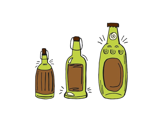 Vector oktoberfest 2022 beer festival handdrawn set of doodle elements german traditional holiday colored glass beer bottles on a white background