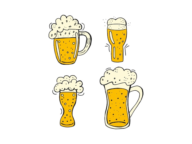 Oktoberfest 2022 Beer Festival Handdrawn set of Doodle Elements German Traditional holiday Colored glass beer mugs on a white background