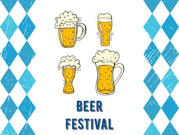 Oktoberfest 2022 beer festival handdrawn set of doodle elements german traditional holiday colored glass beer mugs with lettering and blue rhombuses on a white background