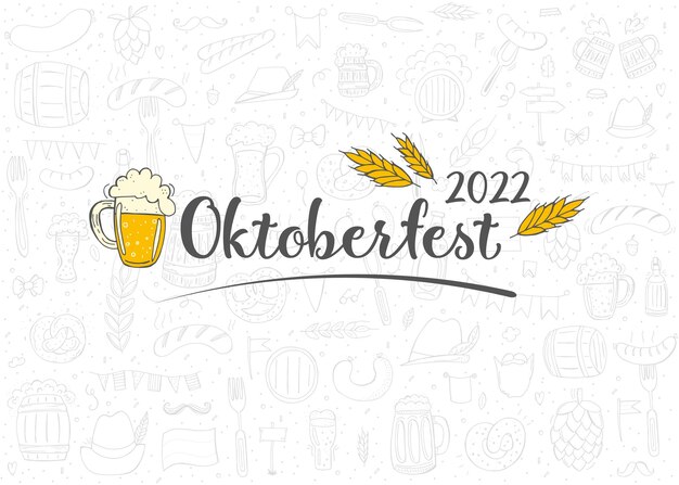 Oktoberfest 2022 bierfestival handgetekende doodle elementen duitse traditionele vakantie oktoberfest ambachtelijk bier blauwwitte ruit belettering