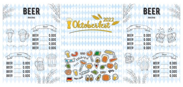 Oktoberfest 2022 bierfestival handgetekende doodle elementen duitse traditionele vakantie oktoberfest ambachtelijk bier blauwwitte ruit set bier menu met elementen