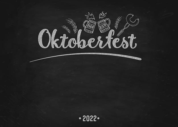Oktoberfest 2022 bierfestival handgetekende doodle elementen Duitse traditionele vakantie oktoberfest ambachtelijke bier blauwwitte ruit belettering schoolbord achtergrond