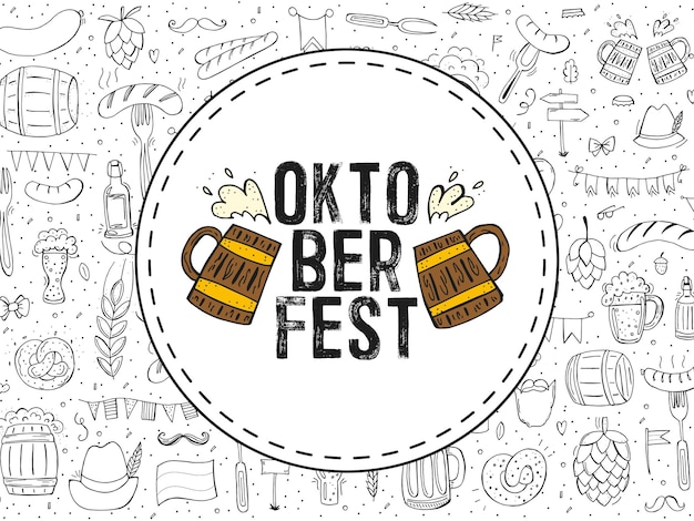 Vector oktoberfest 2022 bierfestival handgetekende doodle-elementen duitse traditionele vakantie rond embleem met bierpullen en tekst met een patroon van omtrekelementen