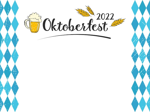 Oktoberfest 2022 bierfestival handgetekende doodle elementen zwarte letters met een bierpul en tarwe oren met verticale strepen van blauwe diamanten met textuur op een witte achtergrond