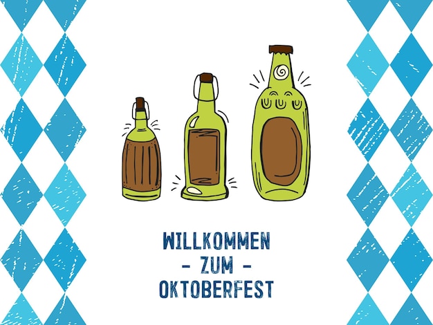 Oktoberfest 2022 bierfestival handgetekende set Doodle elementen Duitse traditionele vakantie gekleurde glazen bierflesjes met belettering en blauwe ruiten op een witte achtergrond