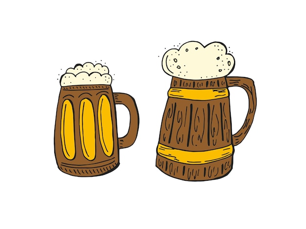 Vector oktoberfest 2022 bierfestival handgetekende set doodle elements duitse traditionele vakantie gekleurde houten bierpullen op een witte achtergrond