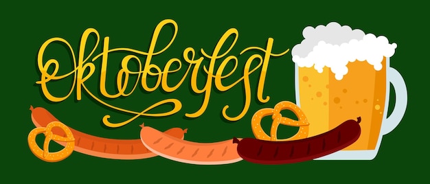 Vettore banner dell'oktoberfest iscrizione scritta a mano con l'immagine di un boccale di birra con pretzel in schiuma alla griglia