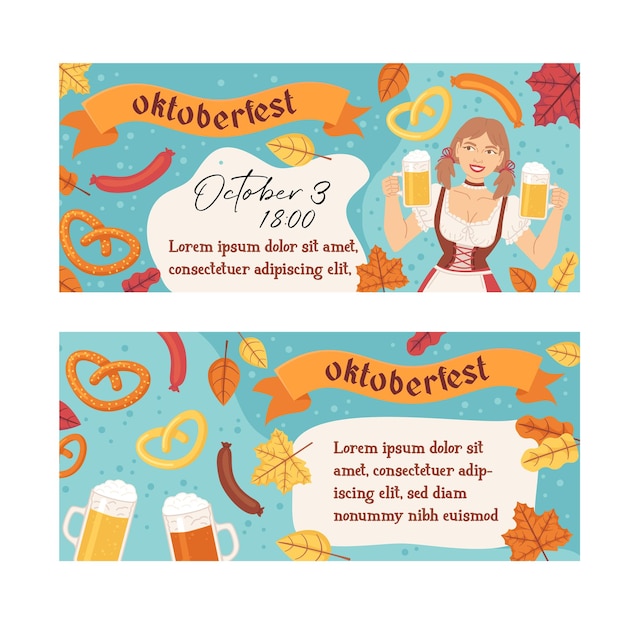 Oktoberfest-banners instellen bierfestivalviering voorraad vectorillustratie in platte cartoonstijl