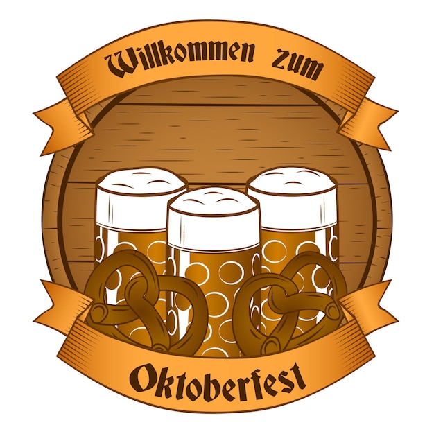 Oktoberfest beer banner with three glasses and pretzels October fest German beer festival concept