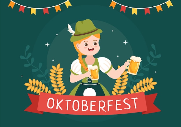 Oktoberfest Beer Festival Cartoon afbeelding in traditioneel Duits in vlakke stijl ontwerp