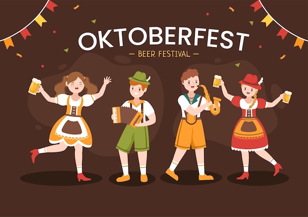 Oktoberfest Beer Festival Cartoon afbeelding in traditioneel Duits in vlakke stijl ontwerp