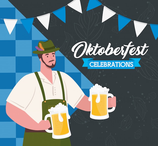 Oktoberfest beer festival celebration and man wearing clothes traditional with jars beer vector illustration design