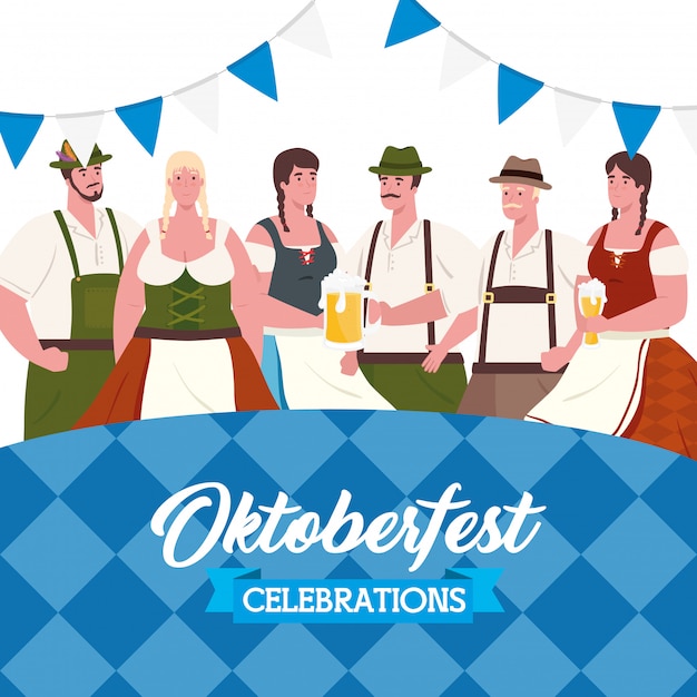 Vettore celebrazione del festival della birra oktoberfest con persone di gruppo che indossano vestiti tradizionale illustrazione vettoriale design