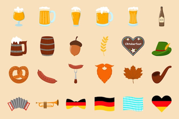 Vector oktoberfest beer festival element set gingerbread accordion beer grilled sausage on fork smoking pipe and ets