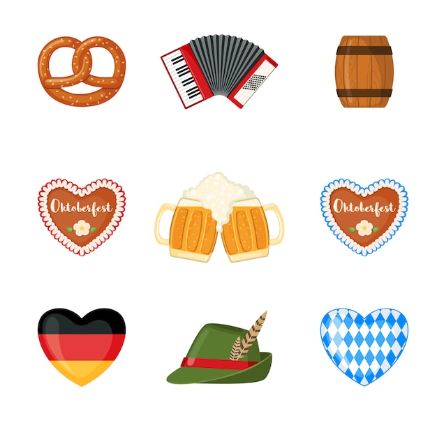 Oktoberfest beer festival icons set in flat style.