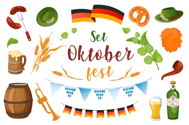 Oktoberfest in cartoon style set isolated elements Vector illustration