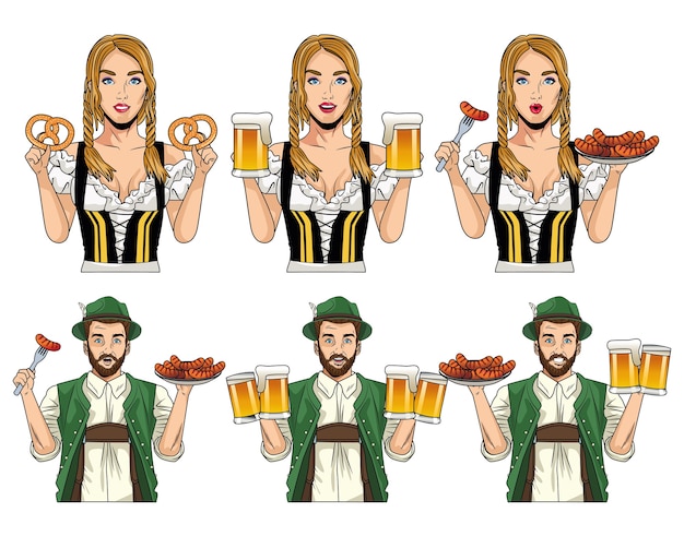 Vector oktoberfest celebration card with german people with food and beers