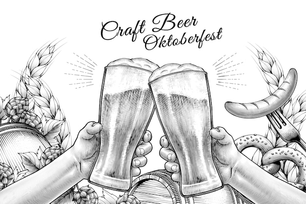 Vector oktoberfest celebration design in engraved style, hands holding beer glasses and cheering on white background filled with ingredients