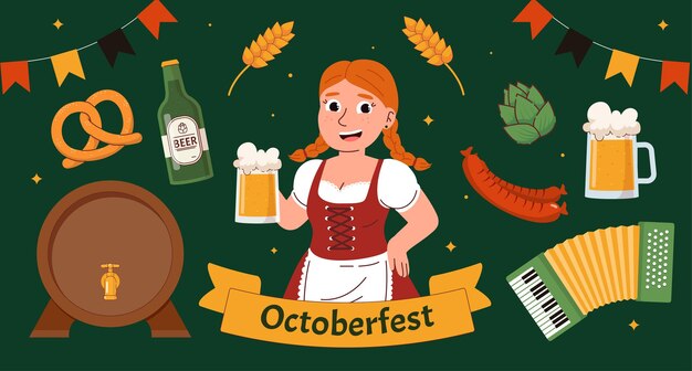 Elementi dell'oktoberfest impostano una donna con birra in bicchiere vicino a salsicce e prodotti di luppolo tradizionali tedeschi