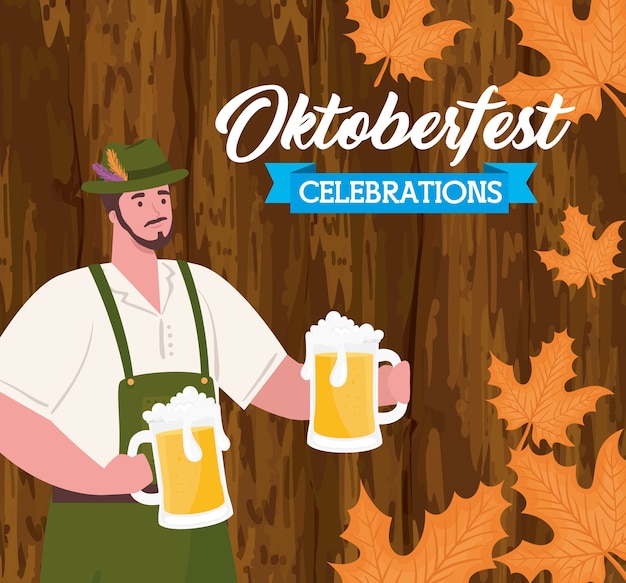 Oktoberfest festival celebration and man with jars beers in wooden wall vector illustration design
