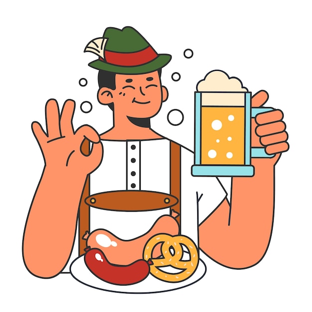 벡터 옥토버페스트 축제 민족 의상을 입은 명랑한 바이에른 술집 노동자 거품이 든 맥주 한 잔을 들고 있는 캐릭터 독일의 전통적인 연간 맥주 카니발 플랫 벡터 그림