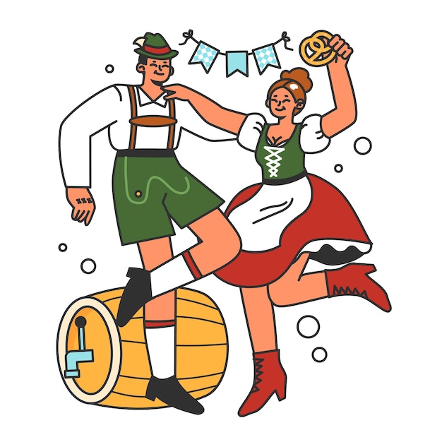 オクトーバーフェスト祭り 民族衣装を着た陽気なバイエルンのパブ従業員 一緒に踊るキャラクター ドイツの伝統的な毎年恒例のビールカーニバル フラットベクトルイラスト