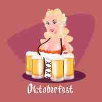 Vector oktoberfest festival girl waitress hold beer mug glasses