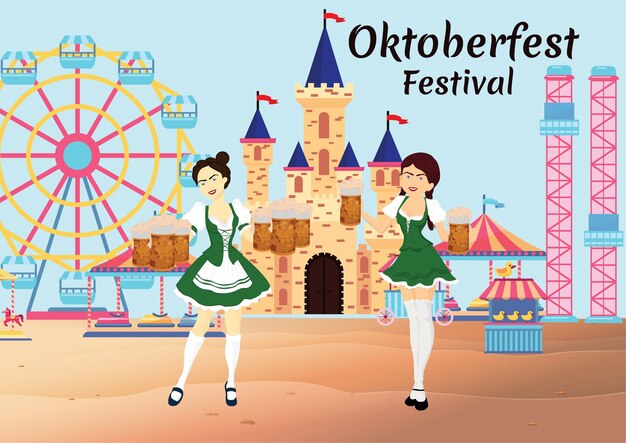 Oktoberfest festival van Duitsland meisje met bierglazen in de hand met leuke kermis achtergrond