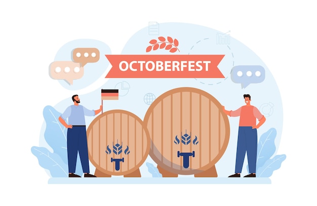 Vector oktoberfest festival vrolijke beierse mensen of toeristen karakter met een vol glas bier met schuim traditioneel jaarlijks biercarnaval in duitsland platte vectorillustratie