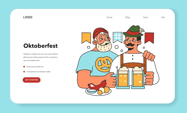 Banner web o pagina di destinazione del festival dell'oktoberfest allegro operaio del pub bavarese in costume nazionale personaggio che tiene un bicchiere pieno di birra carnevale annuale tradizionale della birra illustrazione vettoriale piatta