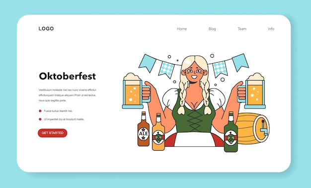 Oktoberfest festival webbanner of bestemmingspagina vrolijke beierse pubmedewerker in een klederdracht karakter met een vol glas bier traditioneel jaarlijks biercarnaval platte vectorillustratie