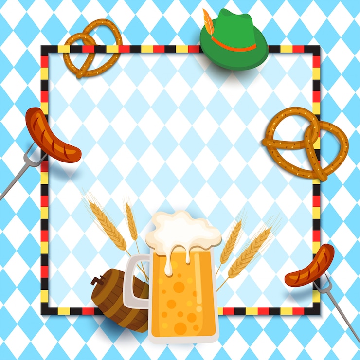 Vector oktoberfest festivalframe met drank en voedsel op blauw.