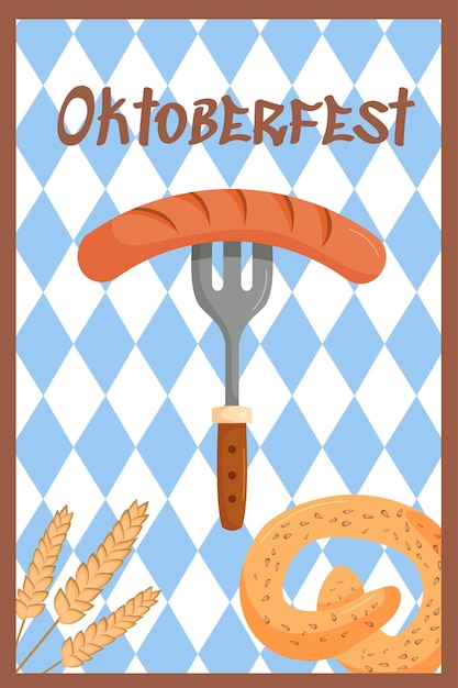 Vettore fondo festivo dell'insegna dell'oktoberfest forchetta con salsiccia e pretzel con decoro di grano vector