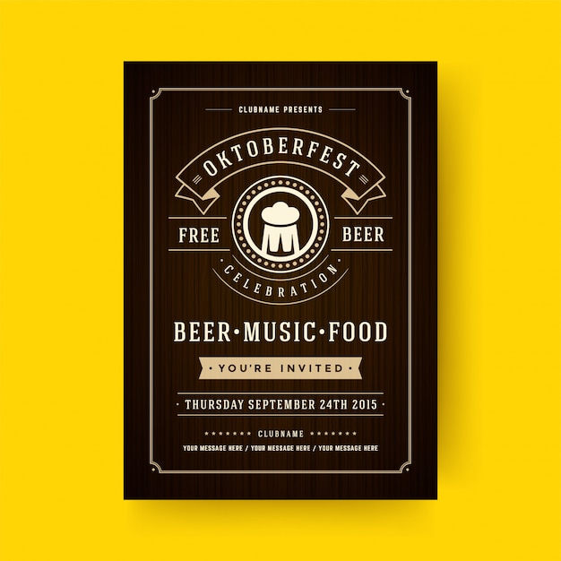 Vector oktoberfest flyer or poster retro typography template design invitation beer festival celebration