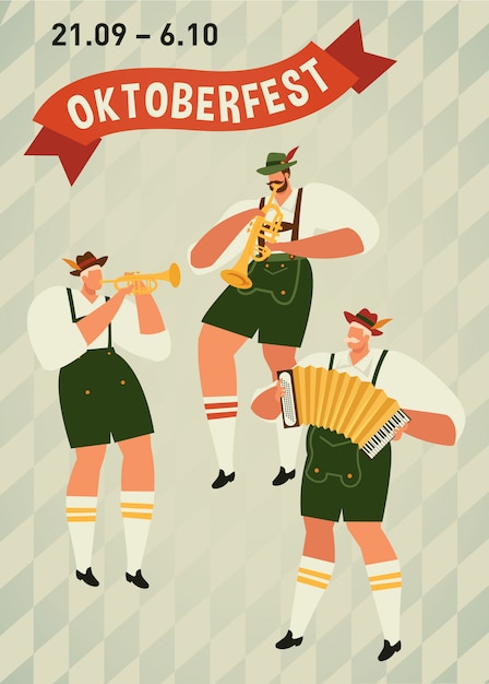 Vettore oktoberfest, personaggi dei cartoni animati divertenti in costumi popolari bavaresi della baviera celebrano il poster