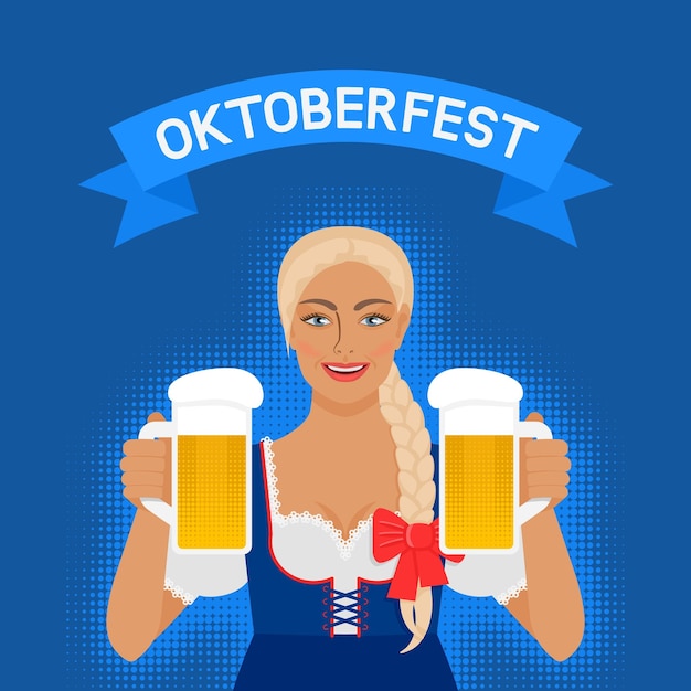 Vector oktoberfest girl in national dress with beer