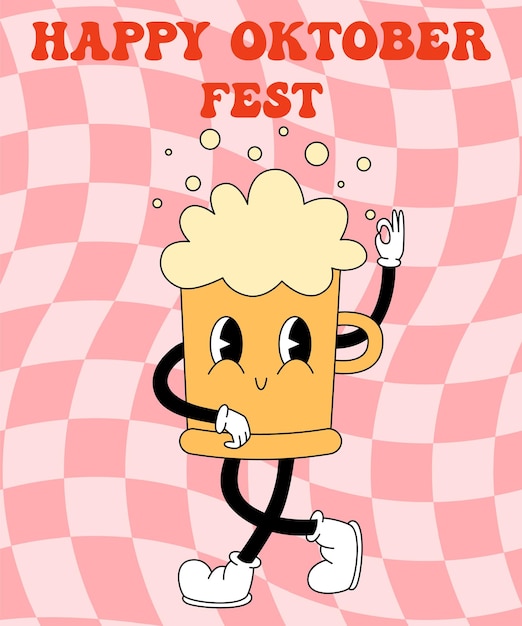 Oktoberfest groovy anni '70 anni '80 poster stampa retrò con boccale di birra hippie cartone animato paesaggio psichedelico stampa funky vintage modello fanny per la stampa della scheda menu è l'ora della birra illustrazione vettoriale