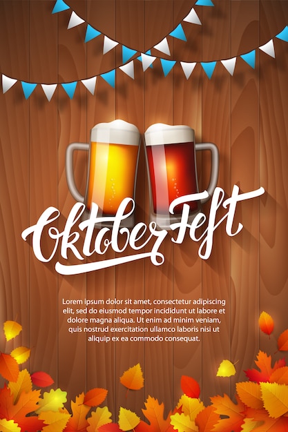 Oktoberfest handgeschreven belettering brochure. poster met herfstbladeren en handgetekende typografie logo. vintage houten achtergrond. traditioneel duits bierfestival