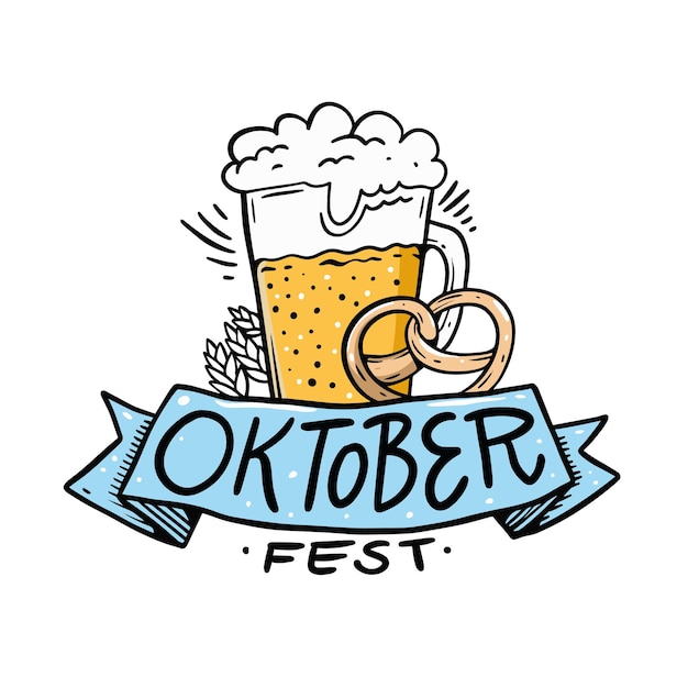 Oktoberfest holiday text lettering on blue ribbon and beer glass