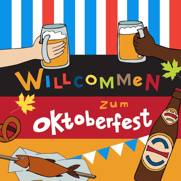 Oktoberfest. Mensen rinkelen bierpullen. Traditioneel Duits eten en kleurrijke esdoornbladeren