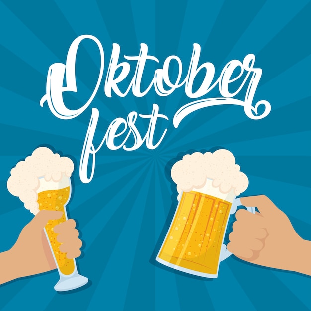 Oktoberfest partij belettering met handen roosteren bieren vector illustratie ontwerp