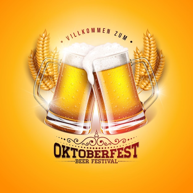 Иллюстрация баннера Oktoberfest с свежим пивом и ячменным ухом на желтом фоне
